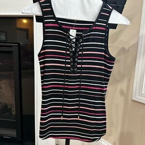 Striped Lace-Up Women's Top - Black and Pink
